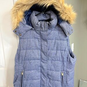 Banana Republic Blue Quilted Vest with Faux Fur Hood